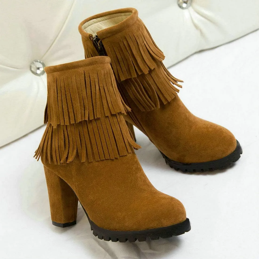 MAVMAX Women's Tassel Fringe Booties Chunky High Heels Faux Suede Ankle Boots