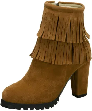MAVMAX Women's Tassel Fringe Booties Chunky High Heels Faux Suede Ankle Boots