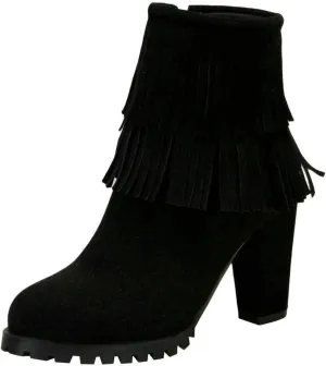 MAVMAX Women's Tassel Fringe Booties Chunky High Heels Faux Suede Ankle Boots