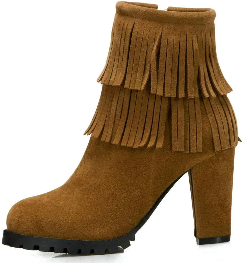 MAVMAX Women's Tassel Fringe Booties Chunky High Heels Faux Suede Ankle Boots