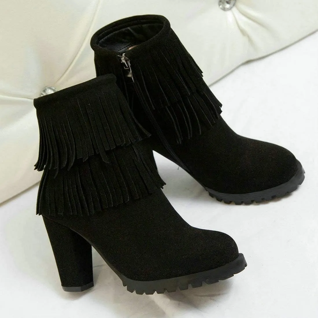 MAVMAX Women's Tassel Fringe Booties Chunky High Heels Faux Suede Ankle Boots
