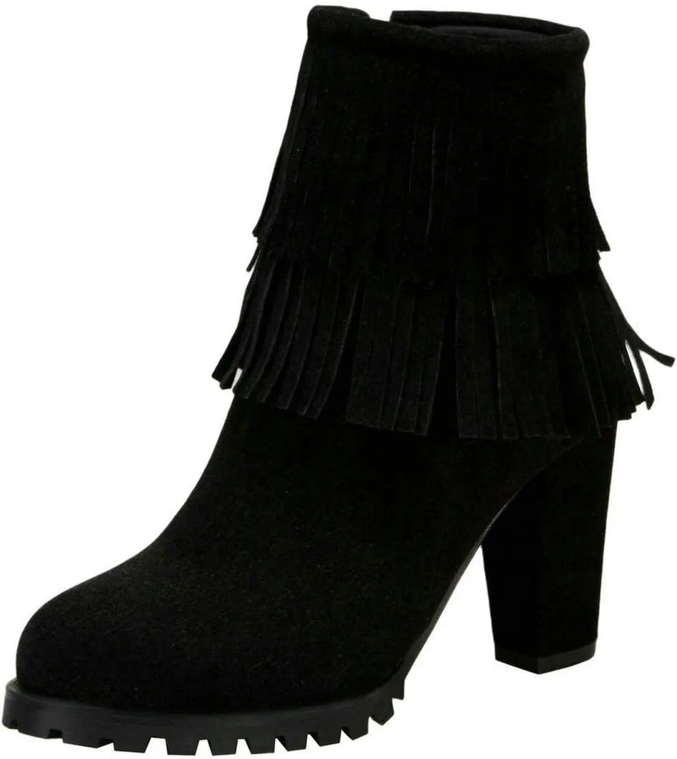 MAVMAX Women's Tassel Fringe Booties Chunky High Heels Faux Suede Ankle Boots