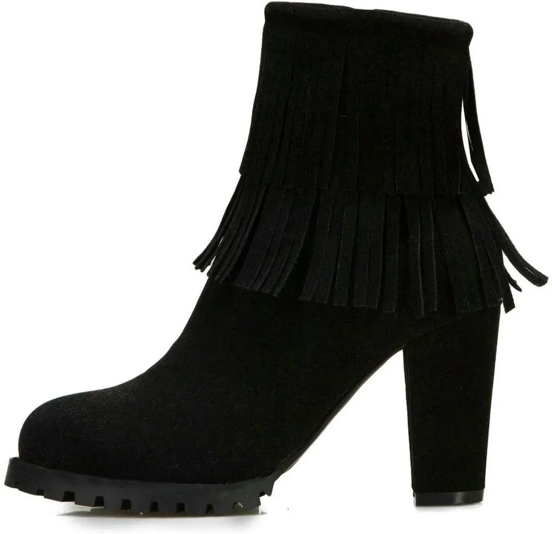 MAVMAX Women's Tassel Fringe Booties Chunky High Heels Faux Suede Ankle Boots