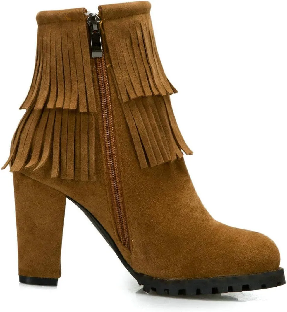 MAVMAX Women's Tassel Fringe Booties Chunky High Heels Faux Suede Ankle Boots