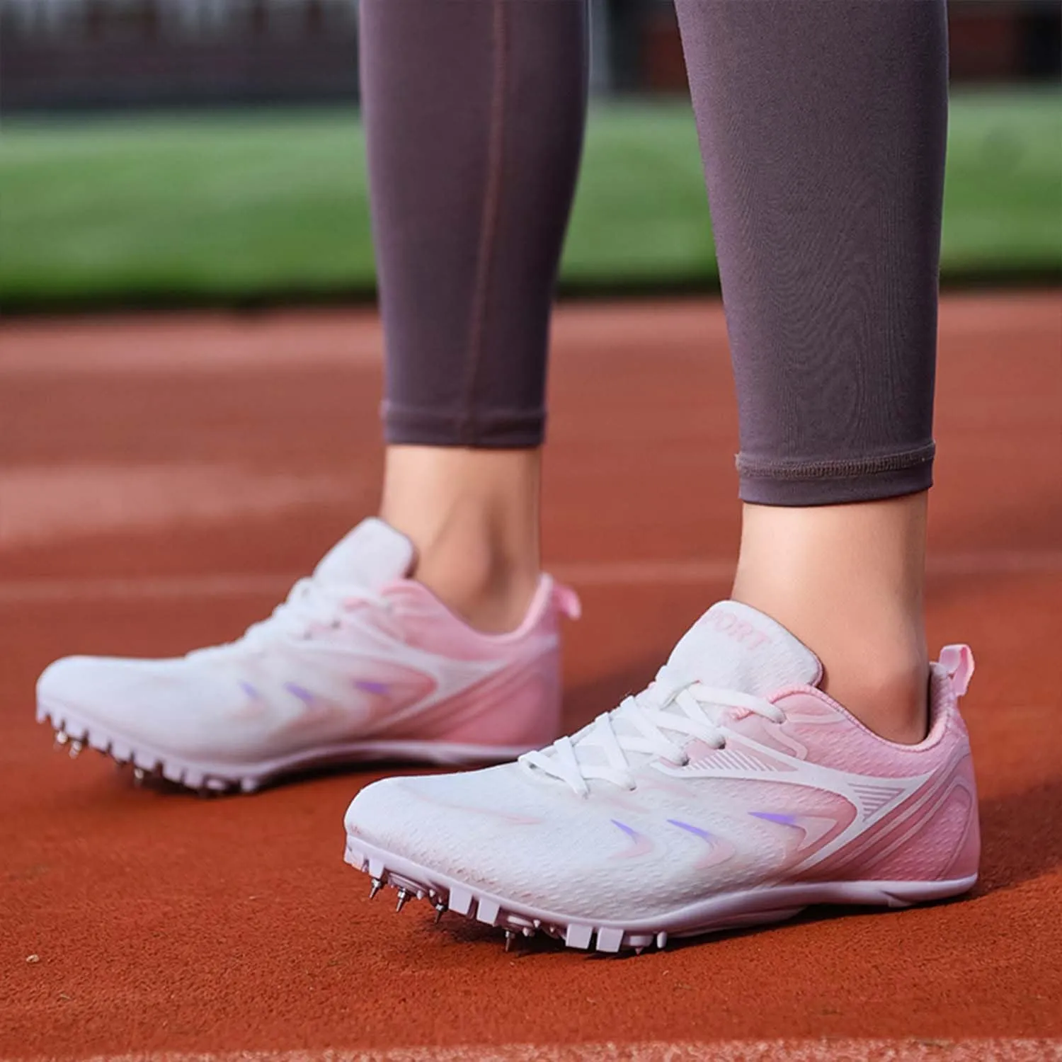 MEBAMY Mens Womens Track and Field Shoes Sprint Sport Sneakers Mesh Breathable Professional Running Nail Spikes Shoes for Boys Girls,Pink