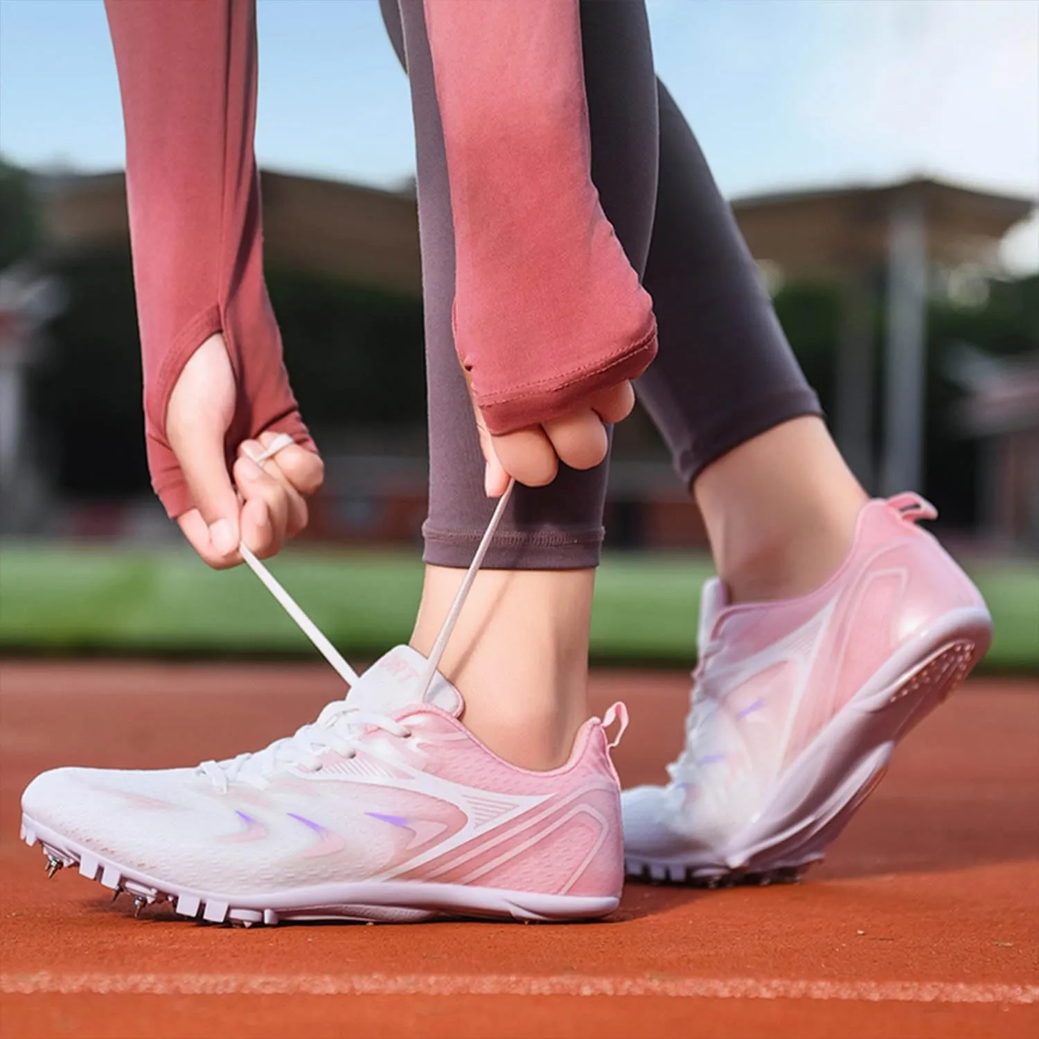 MEBAMY Mens Womens Track and Field Shoes Sprint Sport Sneakers Mesh Breathable Professional Running Nail Spikes Shoes for Boys Girls,Pink