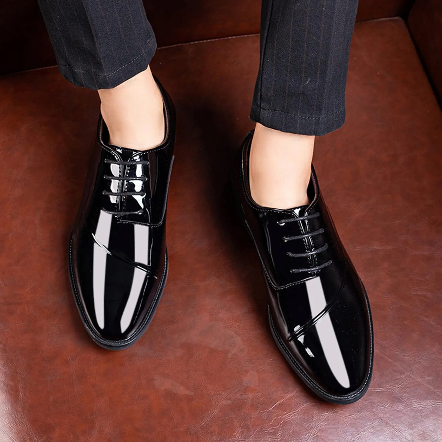 Men's Elegant Patent Leather Dress Shoes Formal Business Oxfords Lace Up Derby Shoes for Weeding Prom Occasions