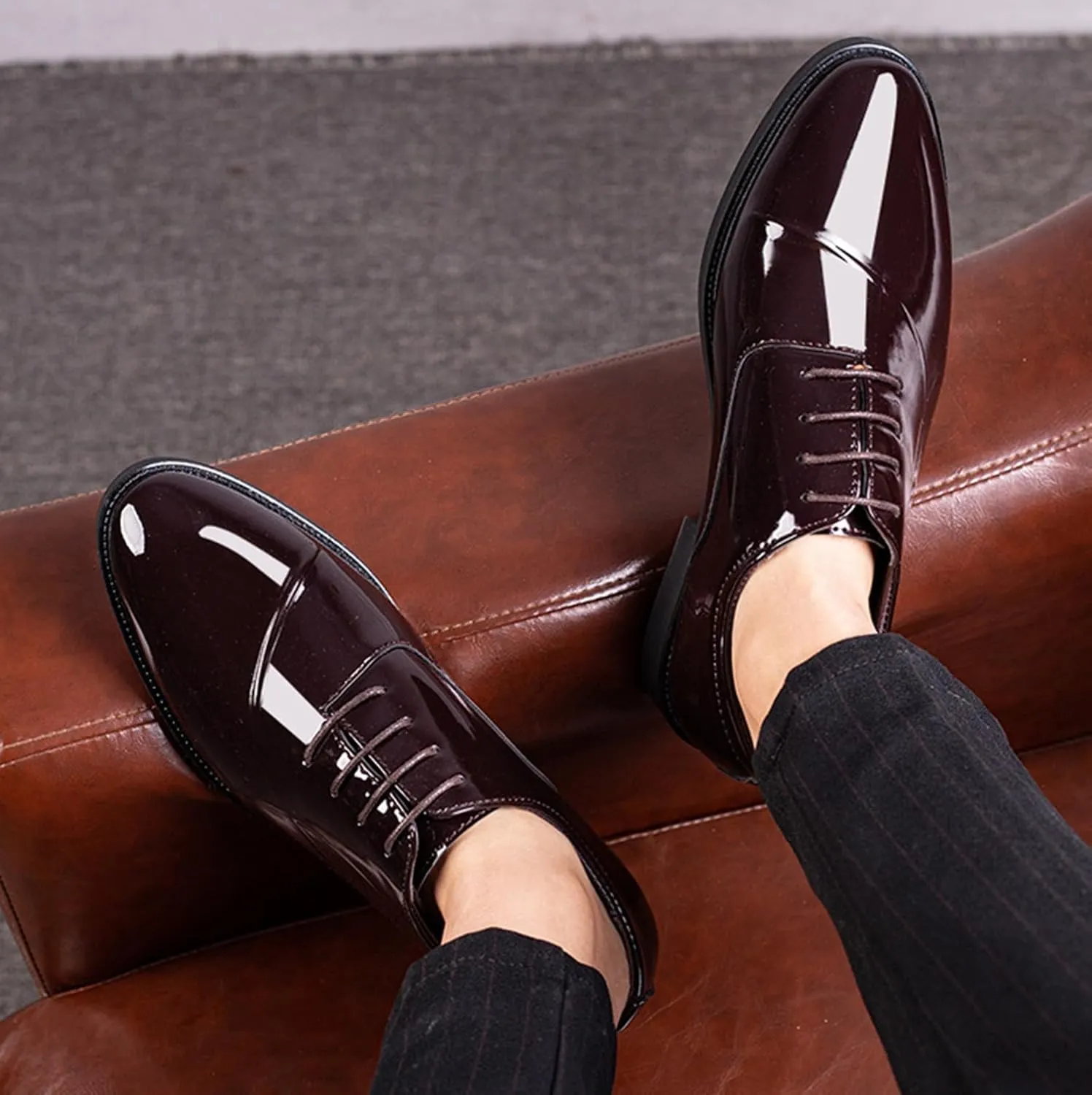 Men's Elegant Patent Leather Dress Shoes Formal Business Oxfords Lace Up Derby Shoes for Weeding Prom Occasions