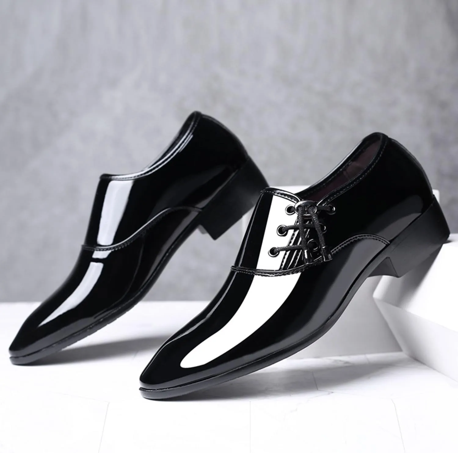 Mens Fashion Patent Leather Derbys Pointed Toe Lace Up Shoes Formal Business Office Work Dress Shoes
