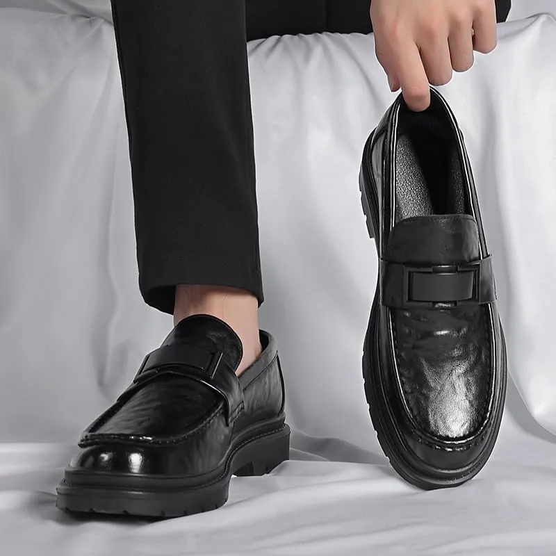 Men's Genuine Leather Platform Slip-On Oxfords Men Business Casual Dress Shoes Comfort Fashion High Heels Office Wedding Formal Tuxedo Derby for Men