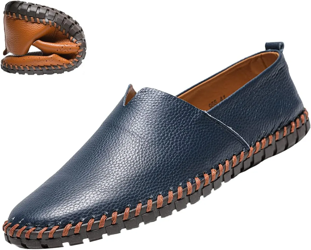 Men's Leather Slip-on Loafers,Lightweight Comfy Cutout Breathe Plain Toe Hand-Stitching Oxford Driving Casual Shoes