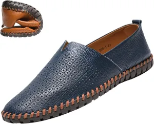 Men's Leather Slip-on Loafers,Lightweight Comfy Cutout Breathe Plain Toe Hand-Stitching Oxford Driving Casual Shoes