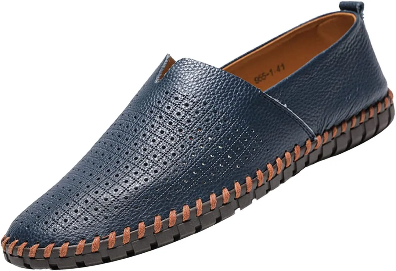 Men's Leather Slip-on Loafers,Lightweight Comfy Cutout Breathe Plain Toe Hand-Stitching Oxford Driving Casual Shoes
