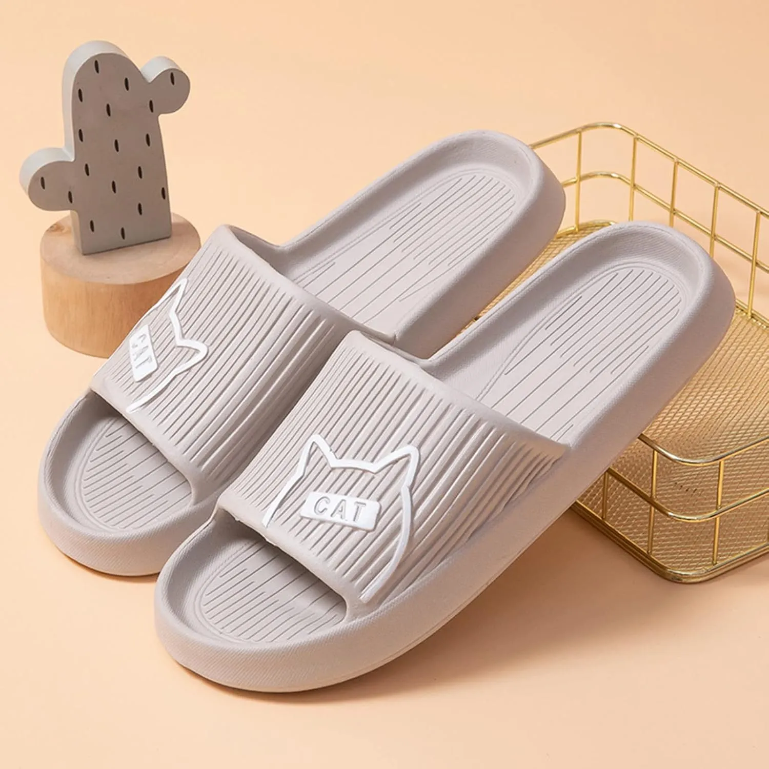 Men's Non Slip Shower Slide Sandal Fashion Cat Print Cartoon Slippers Flat Bottom Mens Slippers Sheep Skin