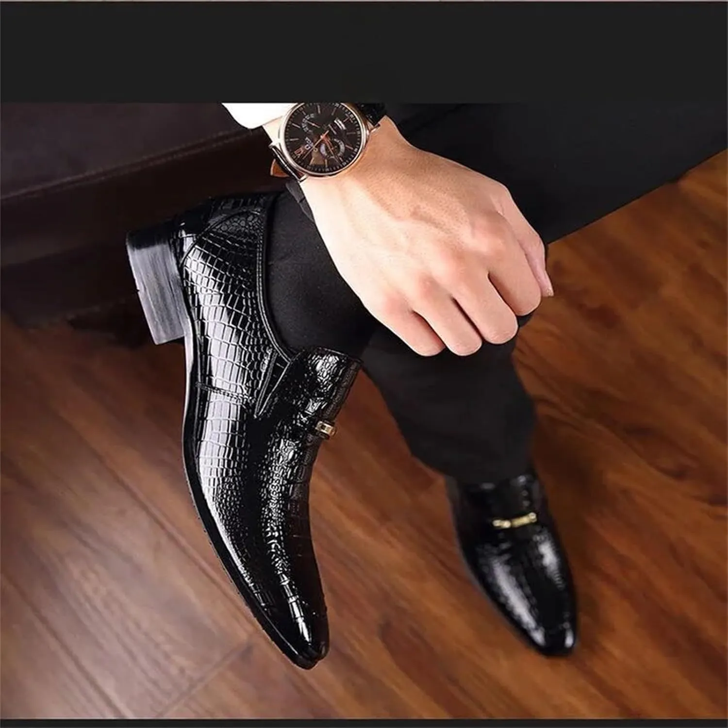 Mens Retro Business Formal Shoes with Low Heel Non Slip Arch Support Walking Shoe Men Comfortable Business Formal Shoes Lightweight Casual Dress Shoe Elegant Dating Weding Slip on Footwear