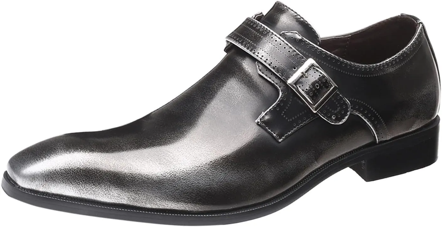 Mens Single Buckle Monk Strap Mens Casual Monk Shoes Arch Support Business Formal Shoe Patent Leather Dress Shoe Pointed Toe Dressy Footwear Man Slip on Formal Footwear for Work Office