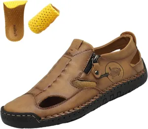 Men's Summer Slip On Leather Casual Shoes,Vintage Comfy Hand-Stitching Zipper Driving Walking Loafers Fashion Sneakers