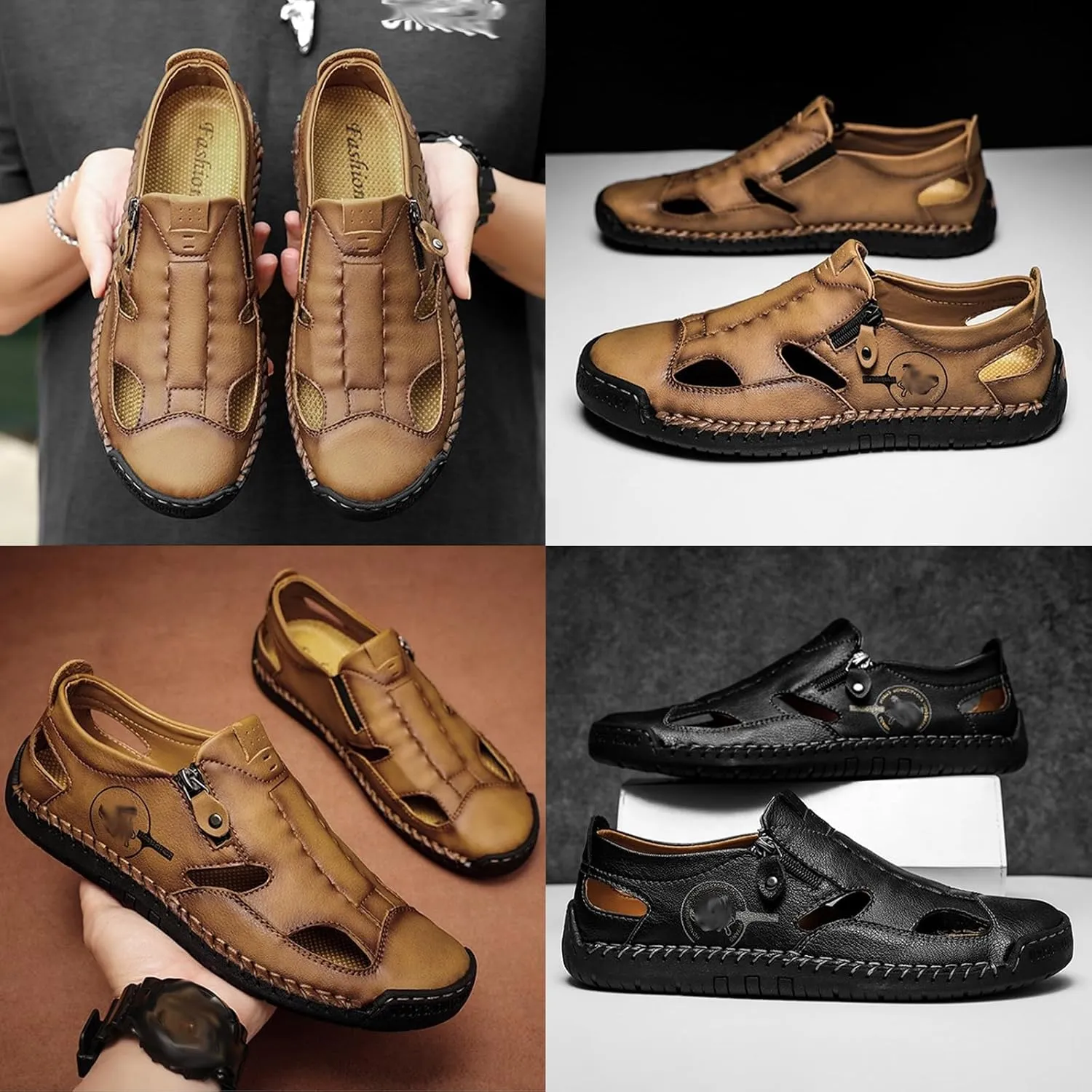 Men's Summer Slip On Leather Casual Shoes,Vintage Comfy Hand-Stitching Zipper Driving Walking Loafers Fashion Sneakers
