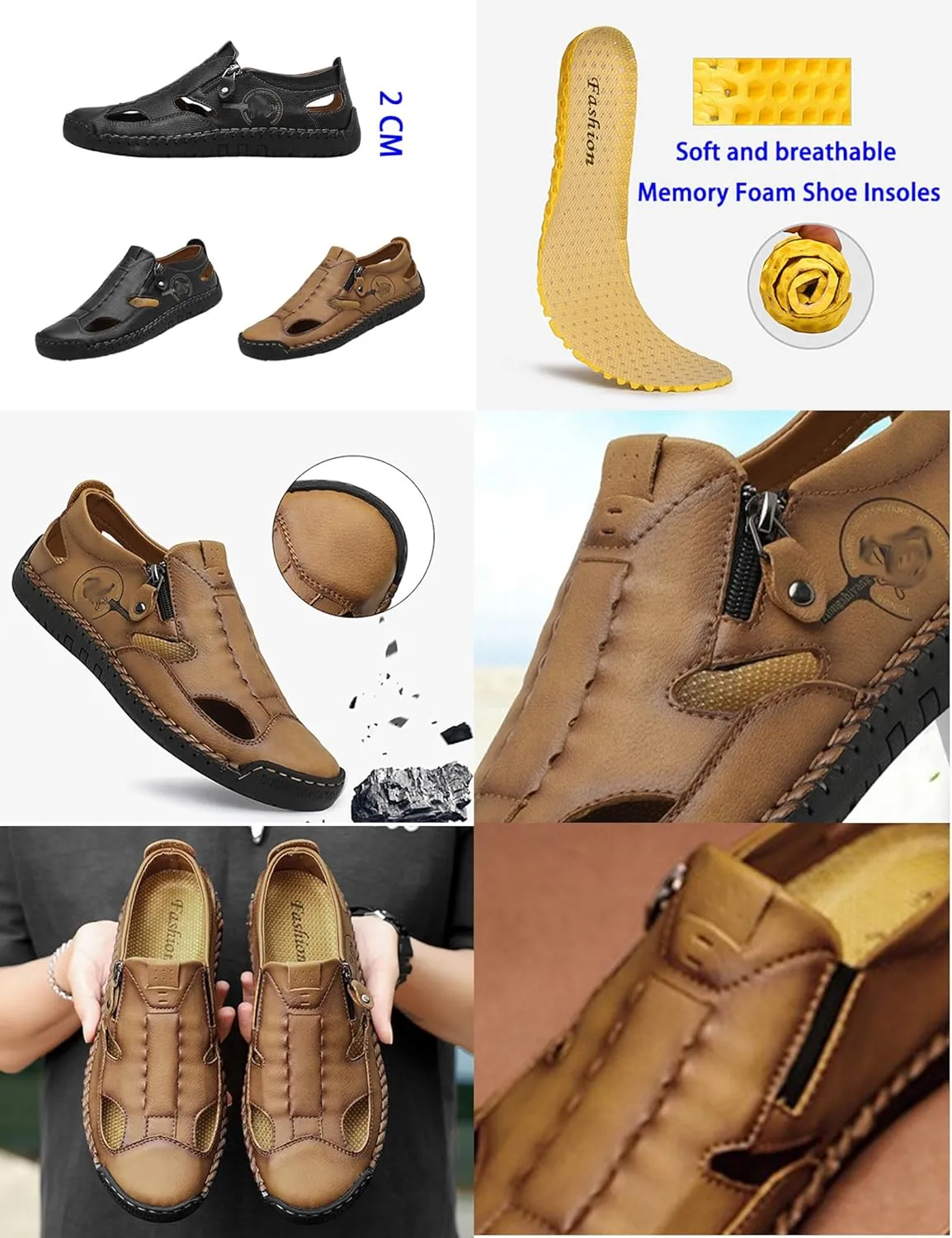 Men's Summer Slip On Leather Casual Shoes,Vintage Comfy Hand-Stitching Zipper Driving Walking Loafers Fashion Sneakers