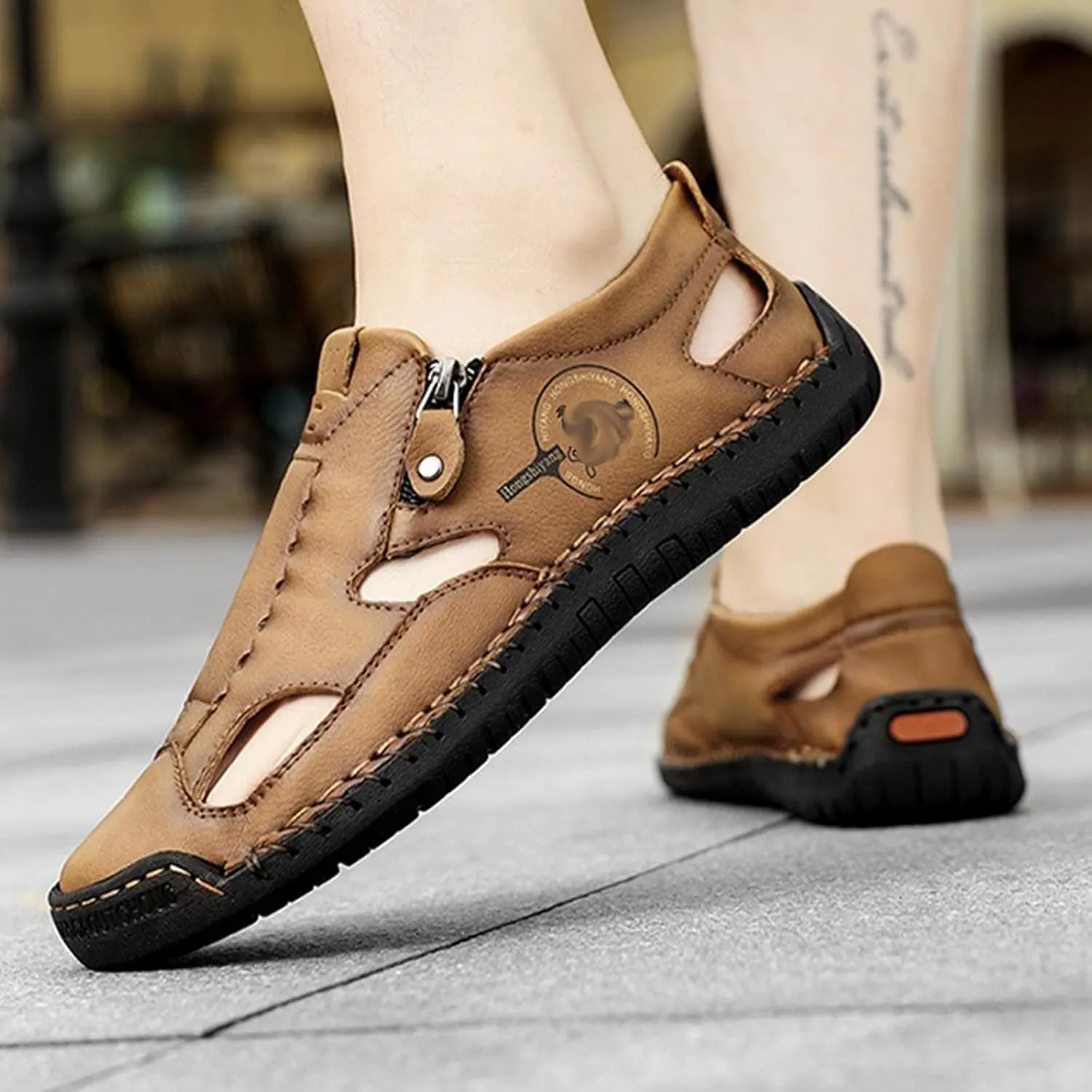 Men's Summer Slip On Leather Casual Shoes,Vintage Comfy Hand-Stitching Zipper Driving Walking Loafers Fashion Sneakers