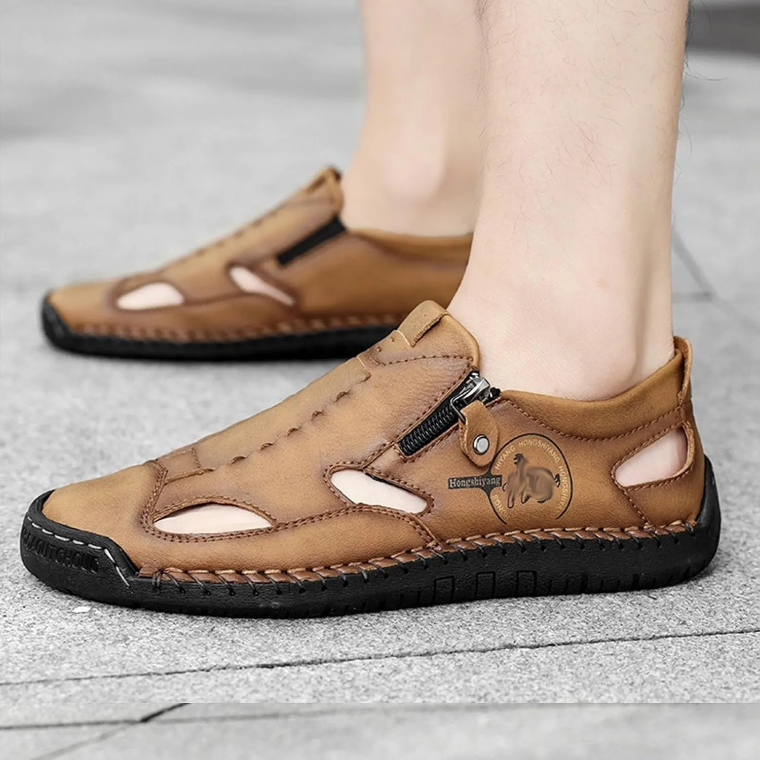 Men's Summer Slip On Leather Casual Shoes,Vintage Comfy Hand-Stitching Zipper Driving Walking Loafers Fashion Sneakers