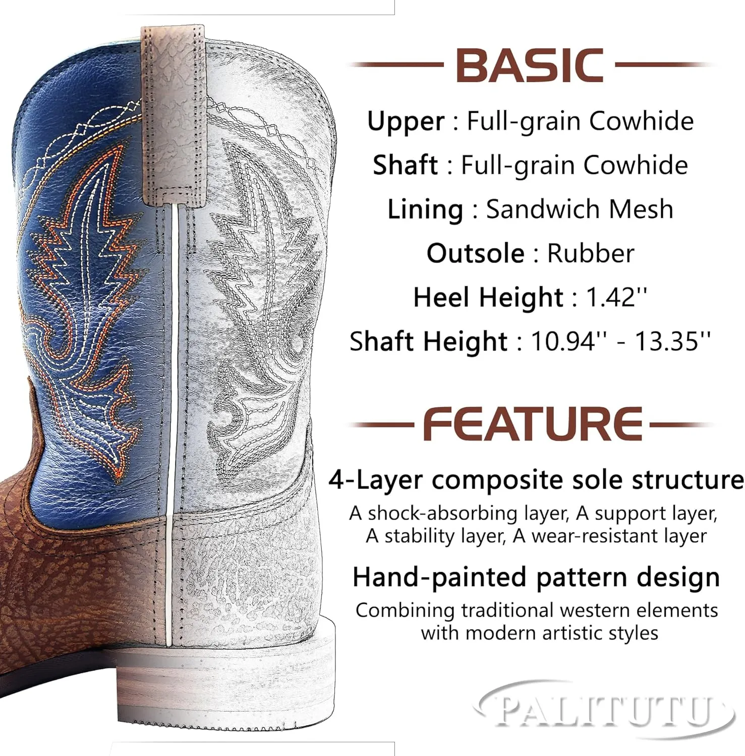 Mens Western Cowboy Boots, Fashionable Embroidered Full Grain Leather, Square Toe Pull-On, 4-Layer Composite Sole, Slip-Resistant Work & Riding Boots