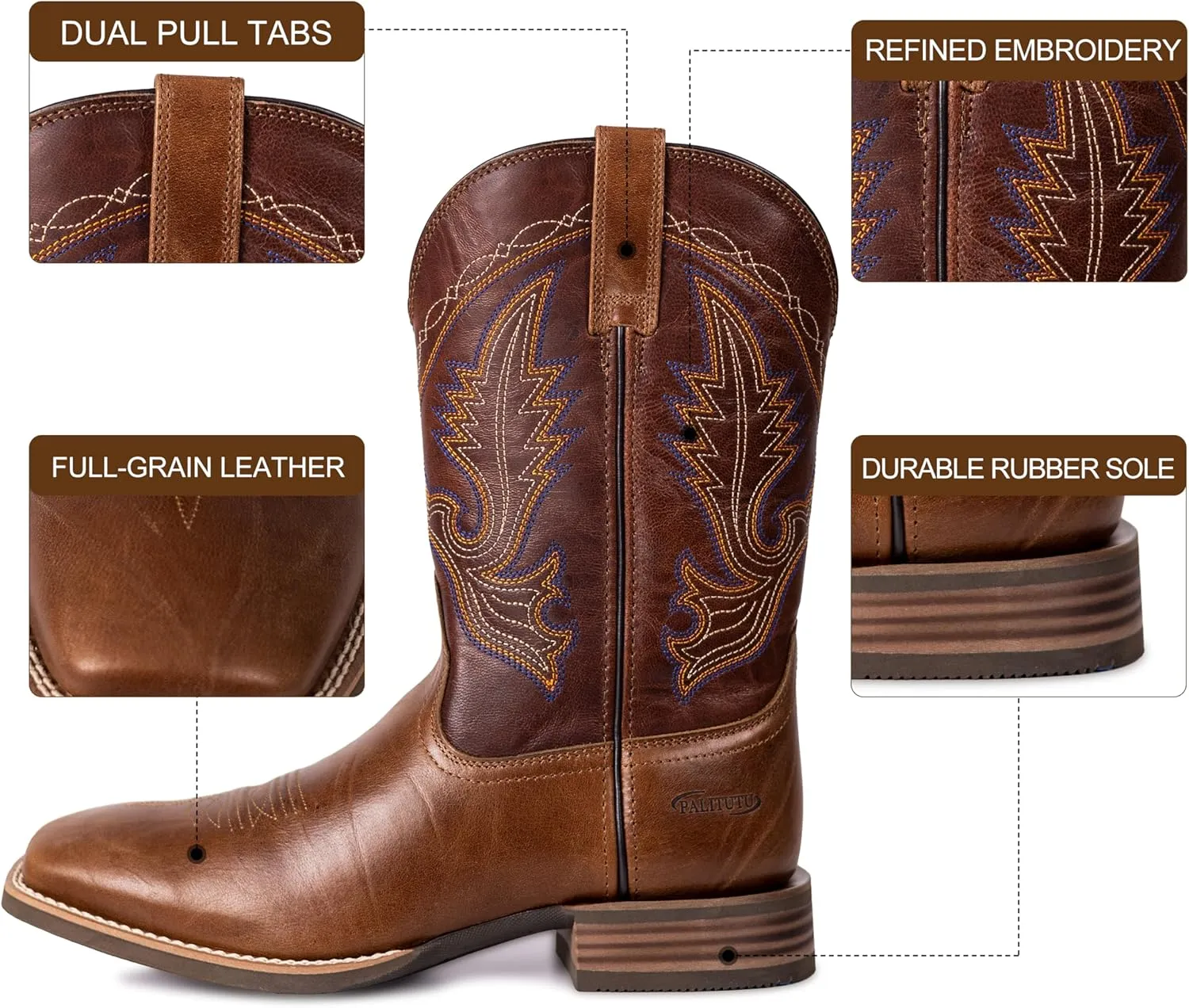Mens Western Cowboy Boots, Fashionable Embroidered Full Grain Leather, Square Toe Pull-On, 4-Layer Composite Sole, Slip-Resistant Work & Riding Boots
