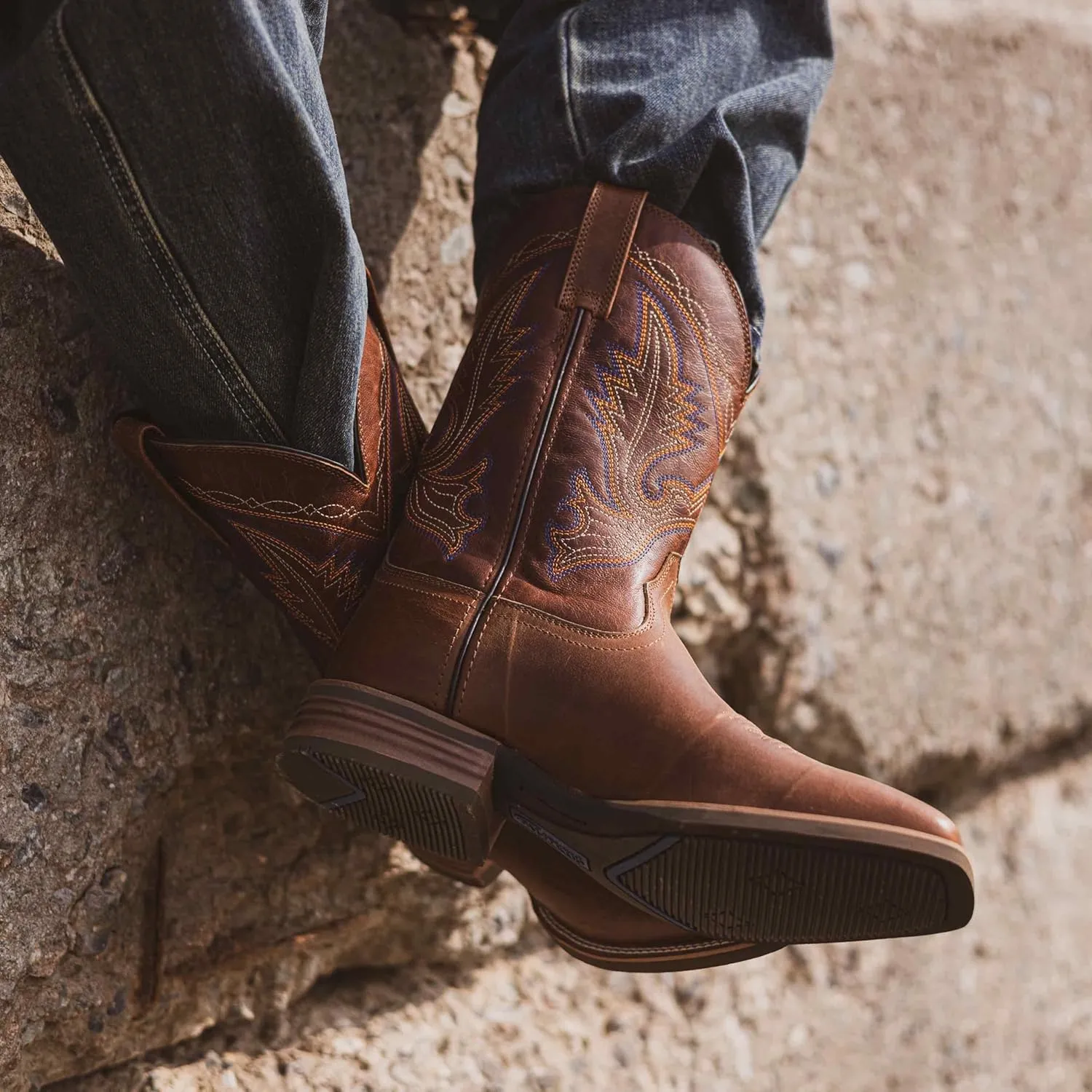 Mens Western Cowboy Boots, Fashionable Embroidered Full Grain Leather, Square Toe Pull-On, 4-Layer Composite Sole, Slip-Resistant Work & Riding Boots