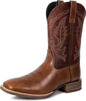 Mens Western Cowboy Boots, Fashionable Embroidered Full Grain Leather, Square Toe Pull-On, 4-Layer Composite Sole, Slip-Resistant Work & Riding Boots