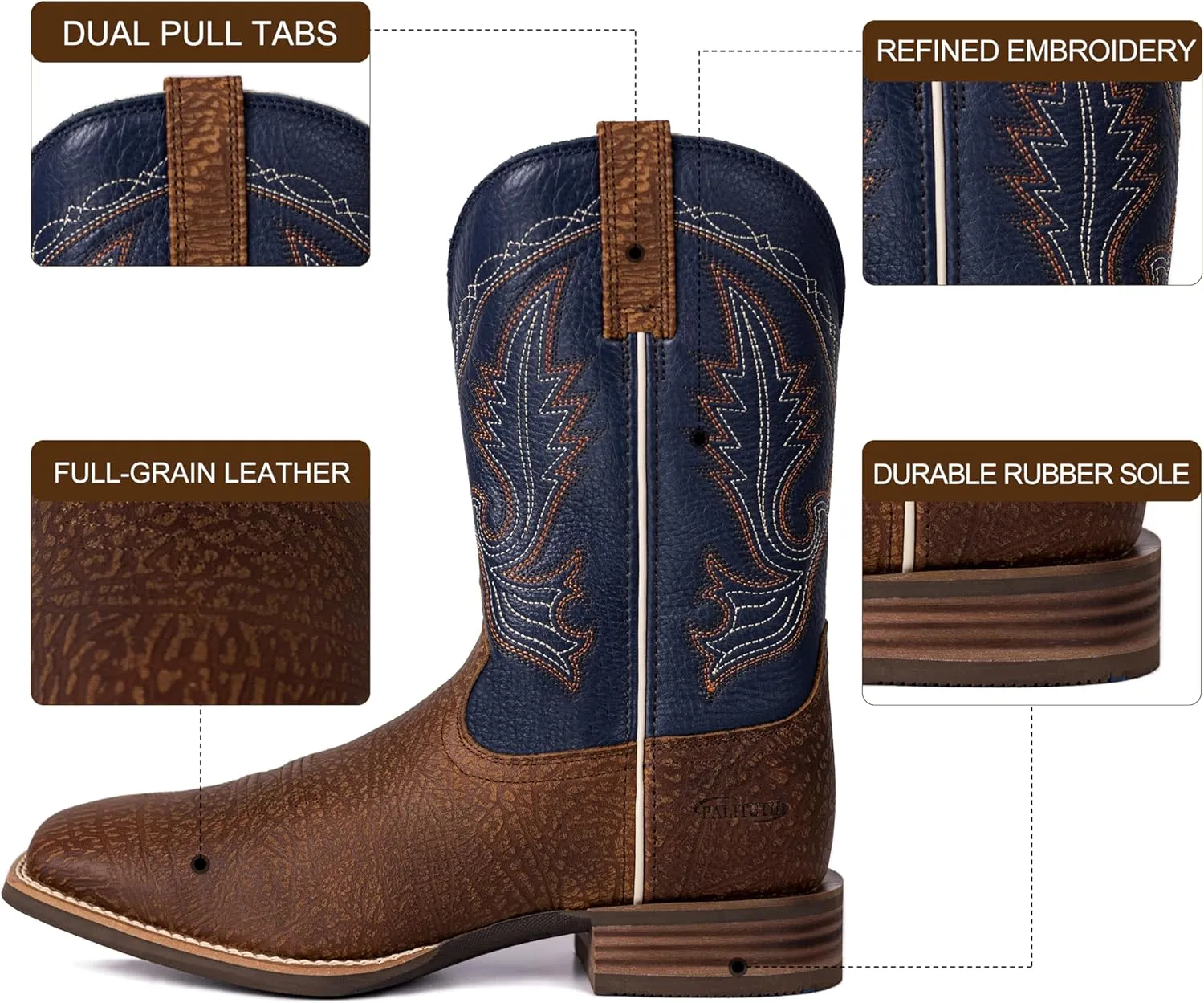Mens Western Cowboy Boots, Fashionable Embroidered Full Grain Leather, Square Toe Pull-On, 4-Layer Composite Sole, Slip-Resistant Work & Riding Boots