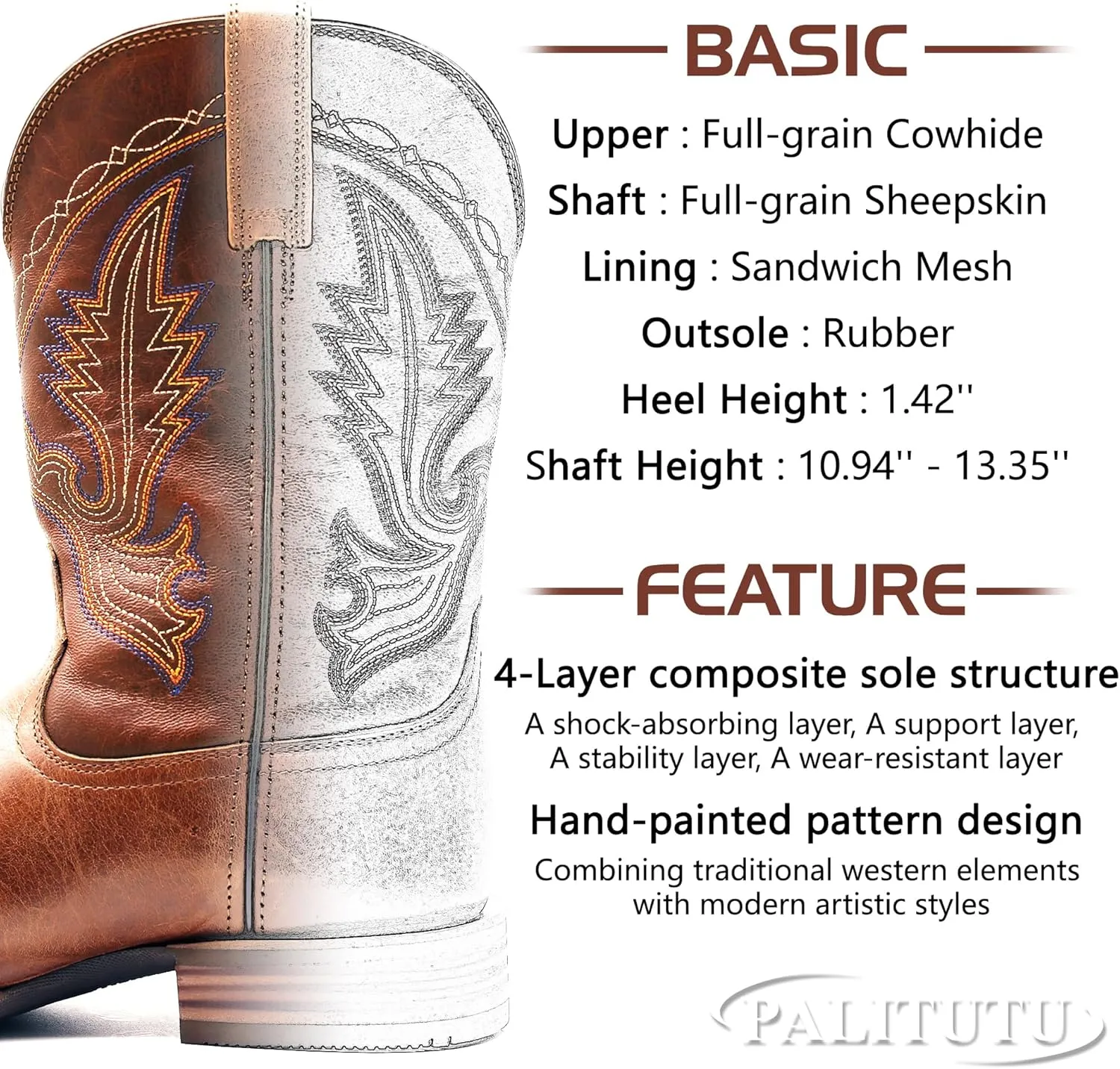 Mens Western Cowboy Boots, Fashionable Embroidered Full Grain Leather, Square Toe Pull-On, 4-Layer Composite Sole, Slip-Resistant Work & Riding Boots