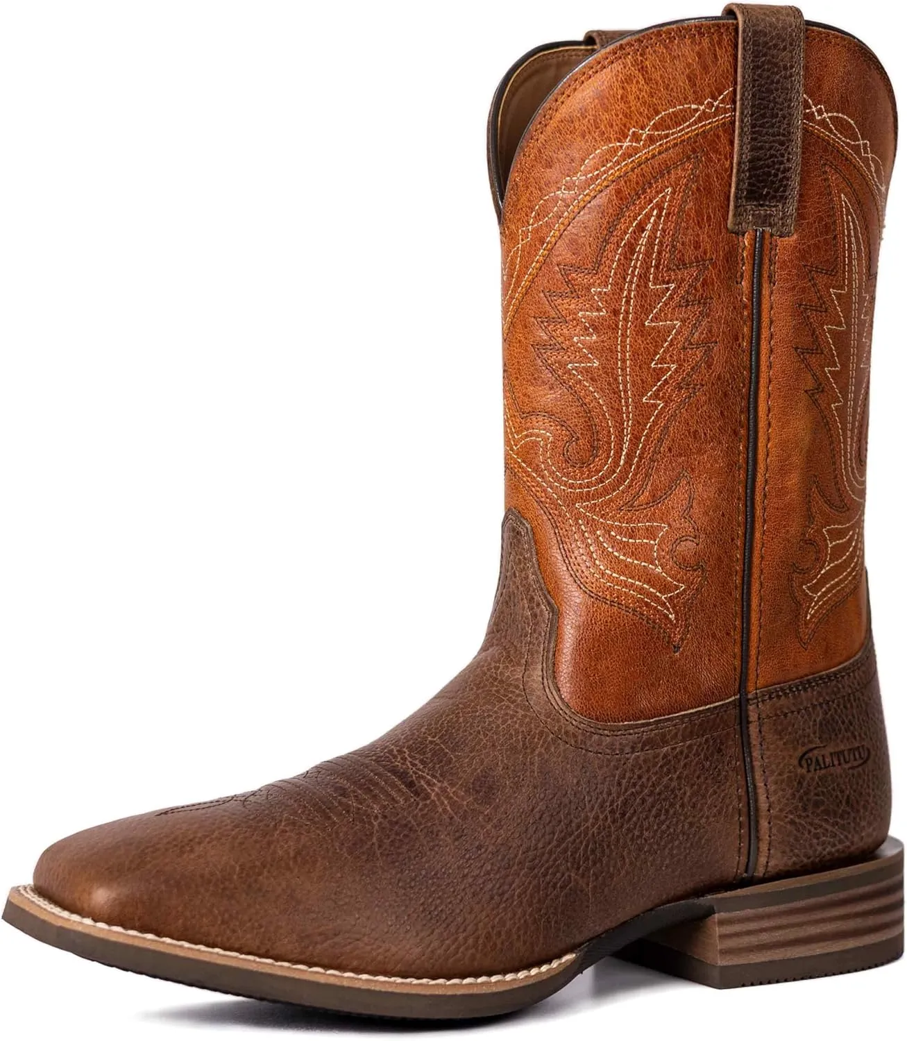 Mens Western Cowboy Boots, Fashionable Embroidered Full Grain Leather, Square Toe Pull-On, 4-Layer Composite Sole, Slip-Resistant Work & Riding Boots