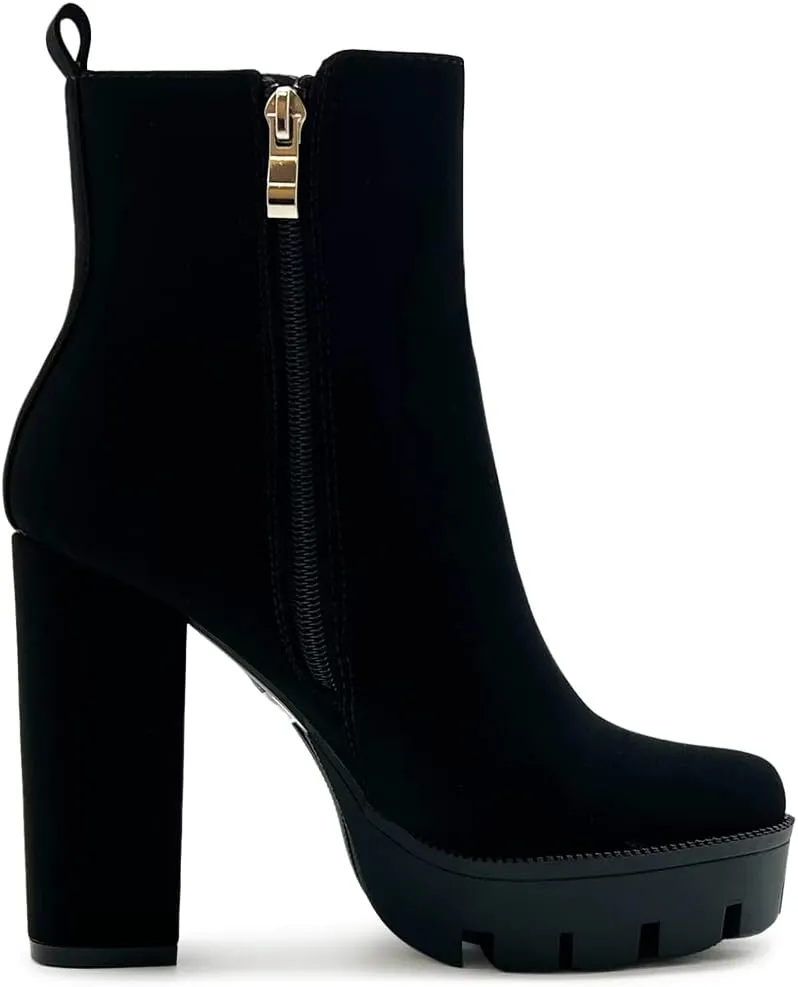 Ollio Women's Shoes Faux Suede or Faux Leather Platform Stacked High Heels Ankle Boots H107