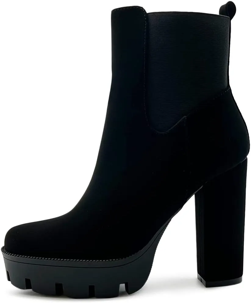 Ollio Women's Shoes Faux Suede or Faux Leather Platform Stacked High Heels Ankle Boots H107