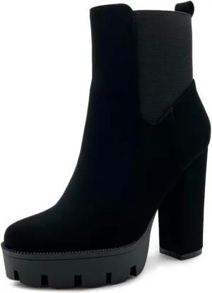 Ollio Women's Shoes Faux Suede or Faux Leather Platform Stacked High Heels Ankle Boots H107