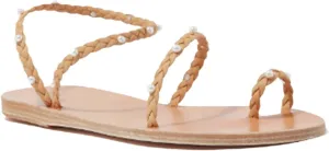 Pearl Braided Sandals for Women Flat Dressy Strappy Sandals Summer Beach Sandal Ankle Strap Casual Toe Ring Slides