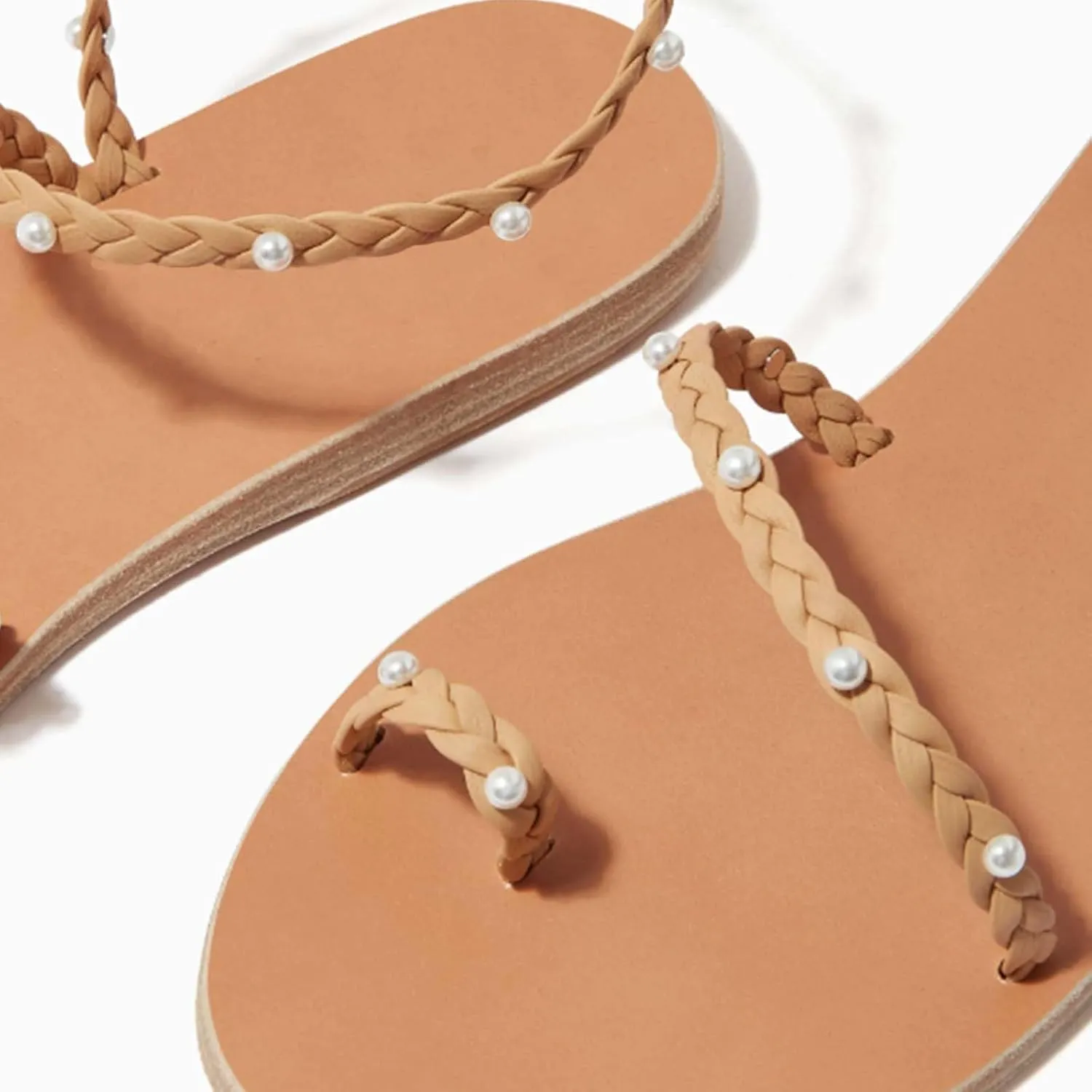 Pearl Braided Sandals for Women Flat Dressy Strappy Sandals Summer Beach Sandal Ankle Strap Casual Toe Ring Slides