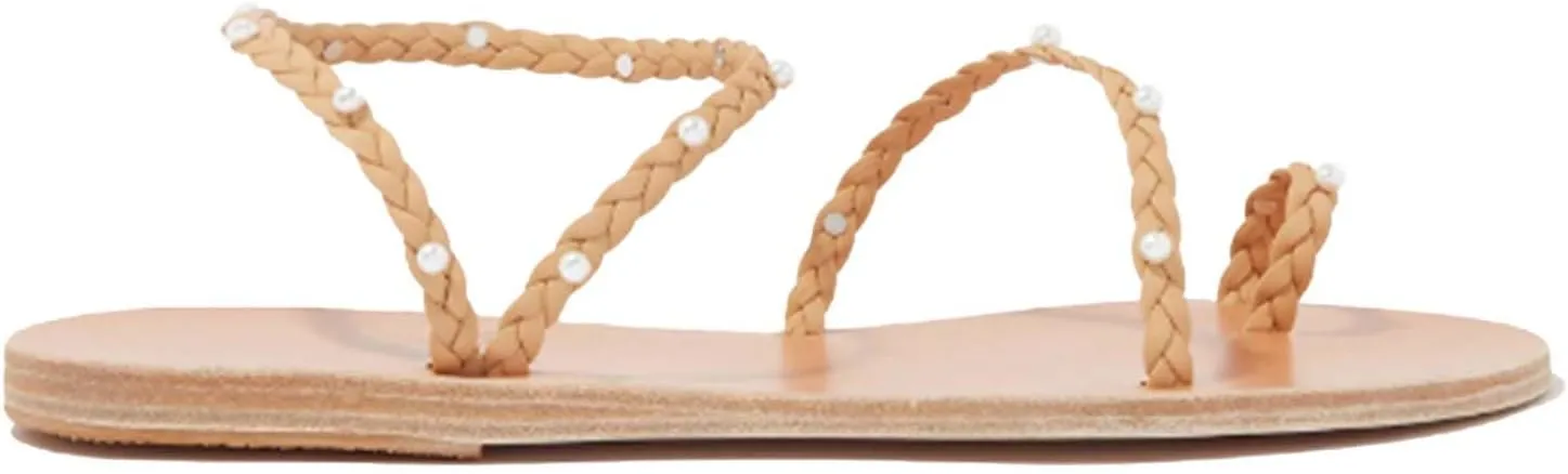 Pearl Braided Sandals for Women Flat Dressy Strappy Sandals Summer Beach Sandal Ankle Strap Casual Toe Ring Slides