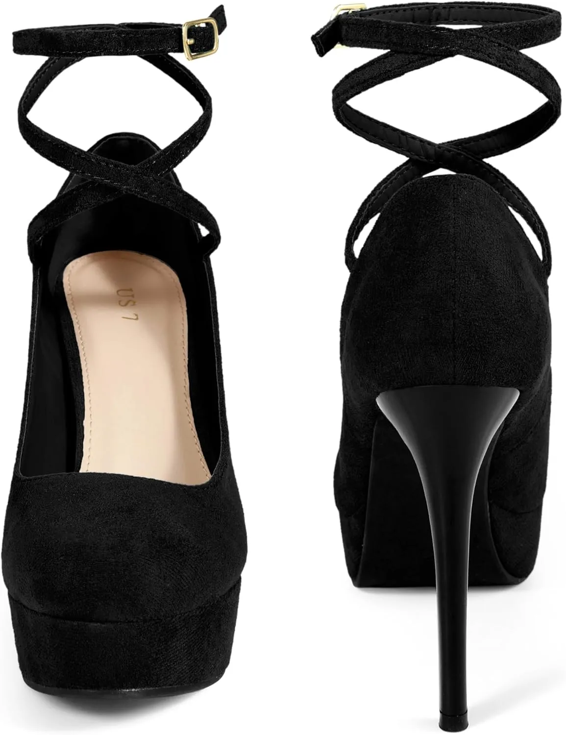 Perphy Platform Stiletto High Heels Ankle Strap Black Pumps for Women