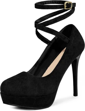 Perphy Platform Stiletto High Heels Ankle Strap Black Pumps for Women