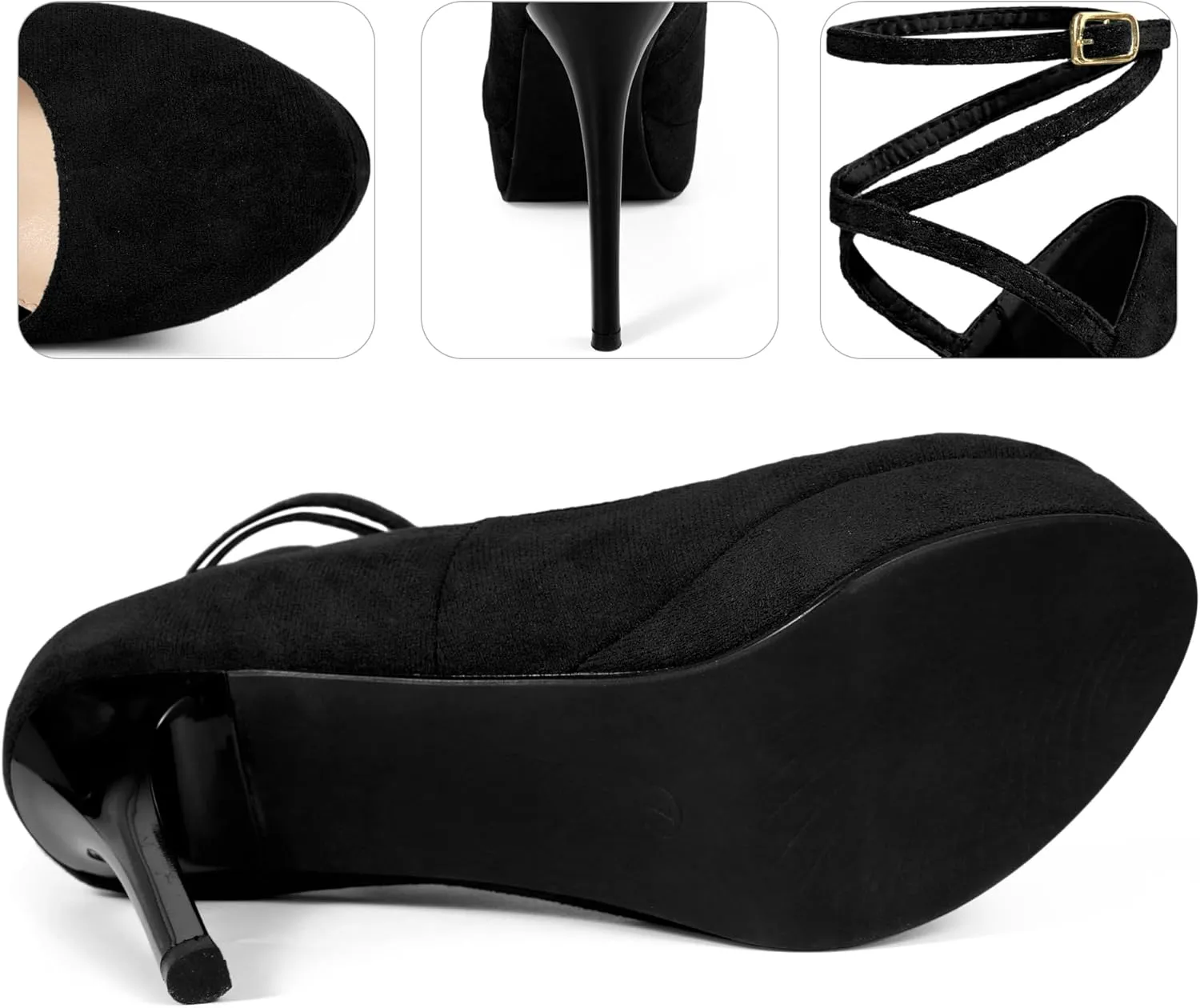 Perphy Platform Stiletto High Heels Ankle Strap Black Pumps for Women