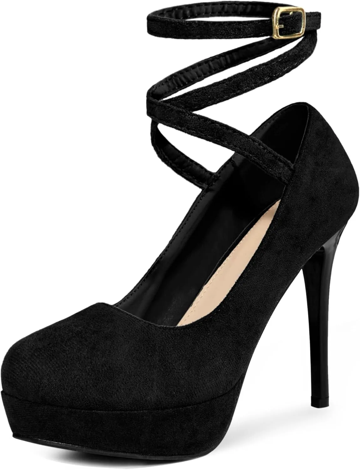 Perphy Platform Stiletto High Heels Ankle Strap Black Pumps for Women