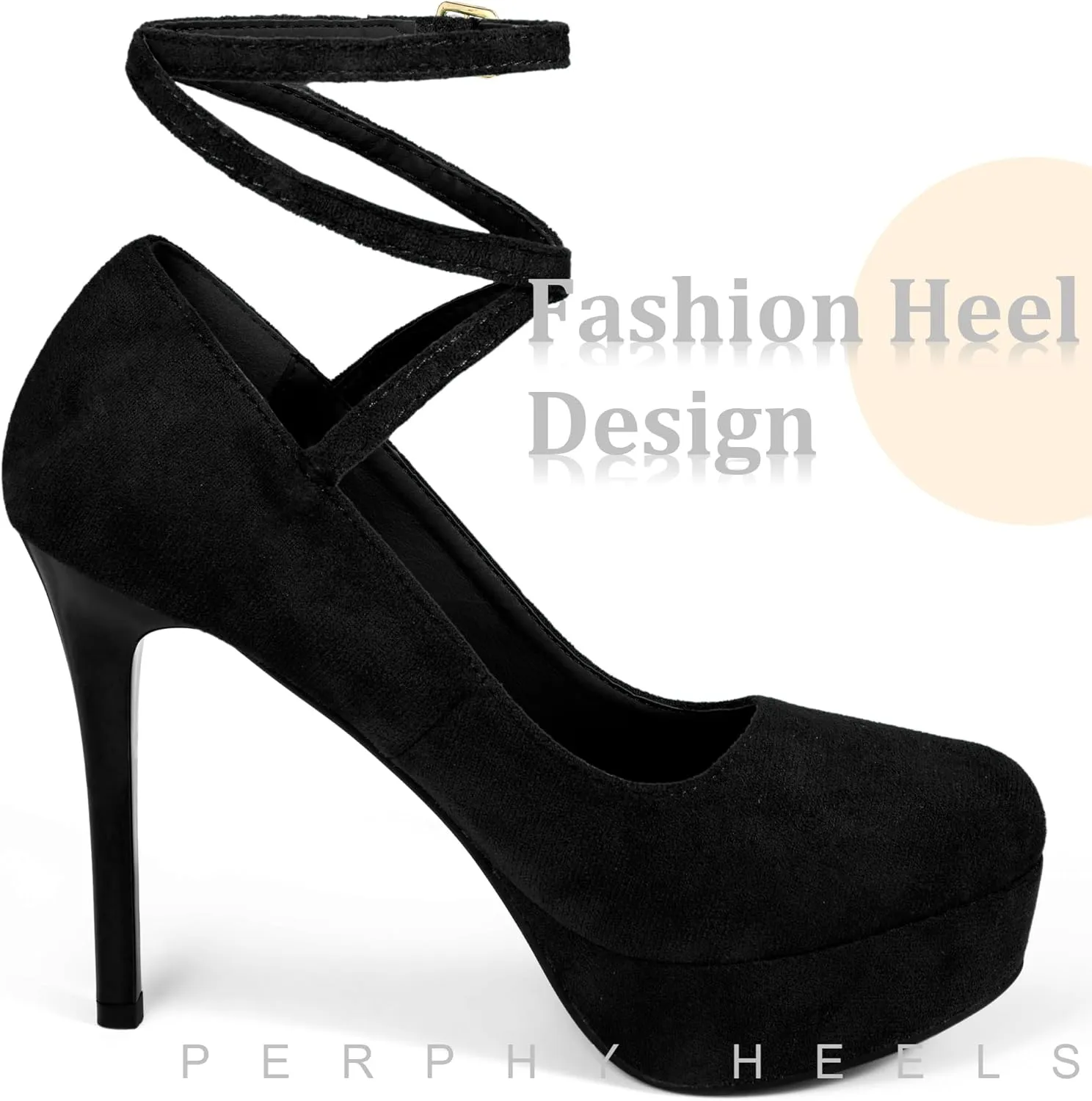 Perphy Platform Stiletto High Heels Ankle Strap Black Pumps for Women