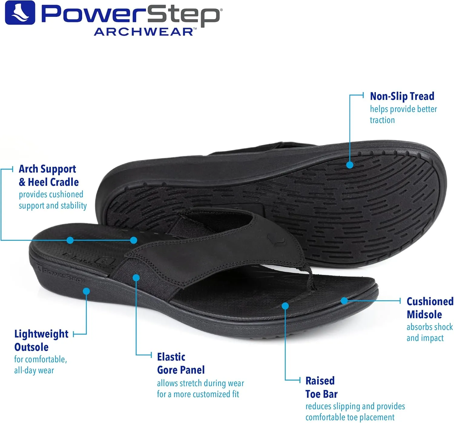PowerStep Men's Arch Support Orthotic Flip Flop Sandals with Shock Absorbing Sole, Lightweight Non-Slip Tread, Black, 9