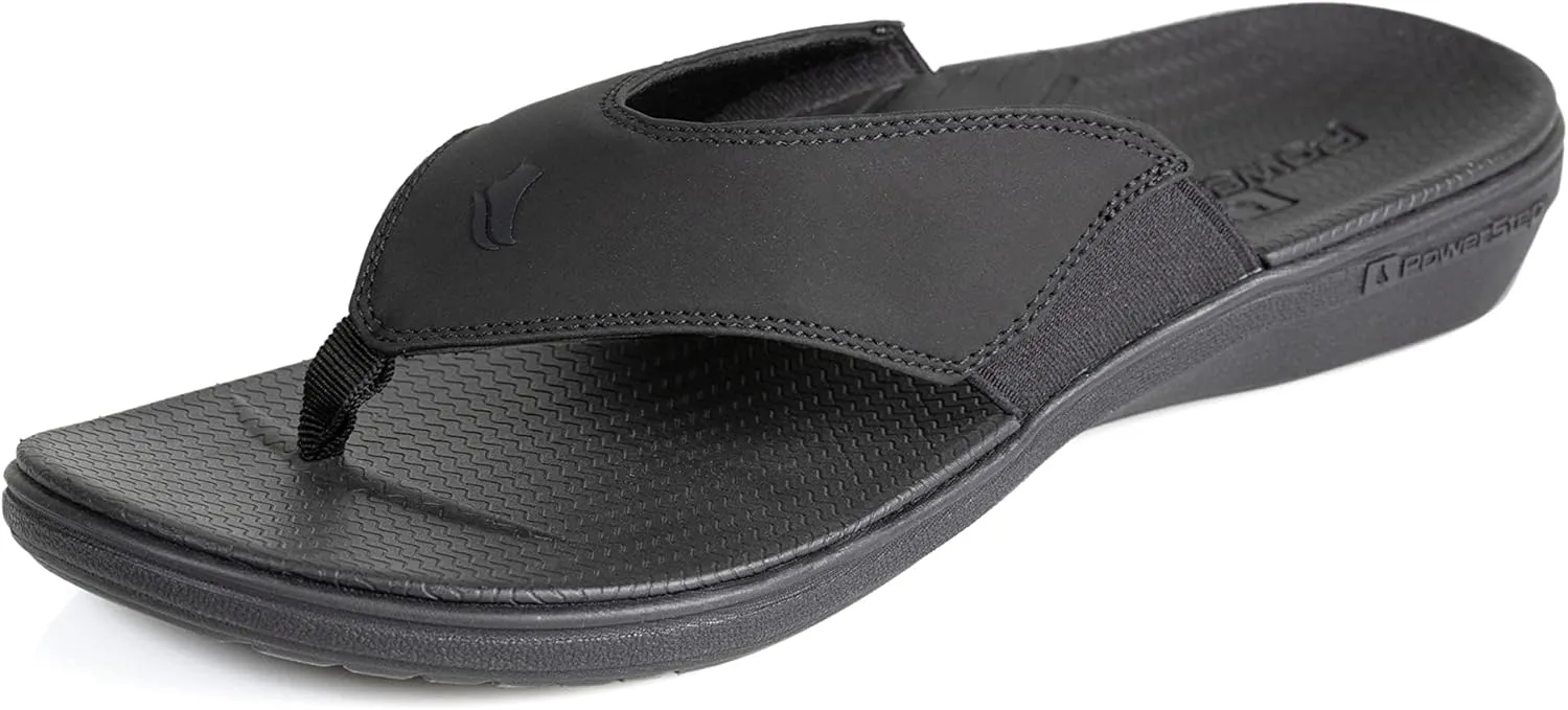 PowerStep Men's Arch Support Orthotic Flip Flop Sandals with Shock Absorbing Sole, Lightweight Non-Slip Tread, Black, 9