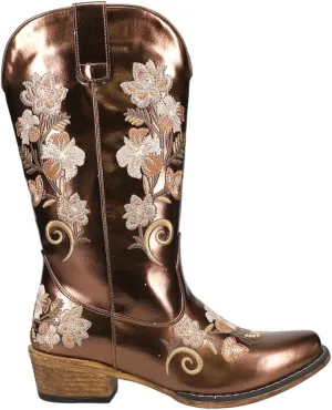 ROPER Womens Riley Metallic Floral Snip Toe Casual Boots Mid Calf Low Heel 1-2" - Brown