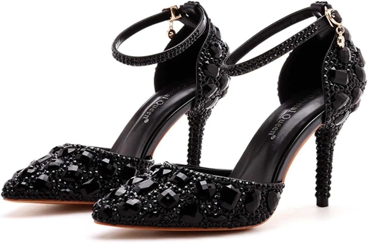 Royal Blue Rhinestone Sandals Thin High Heels Pointed Toe Sandals Blue Crystal Heels Shoes Fashion High Heel Shoes