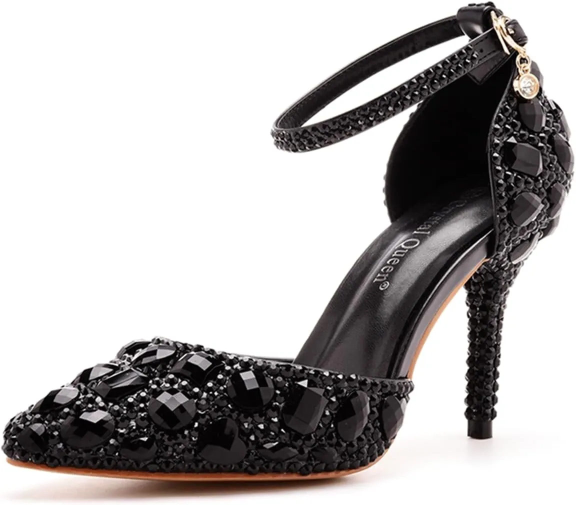 Royal Blue Rhinestone Sandals Thin High Heels Pointed Toe Sandals Blue Crystal Heels Shoes Fashion High Heel Shoes