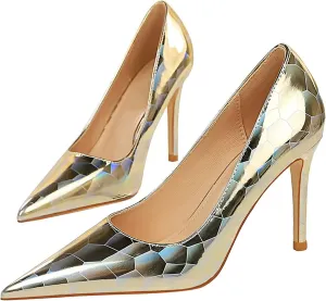 SAILING LU Women's Dress Shoes Shiny Pumps Stiletto Fashion Party High Heels Pointed Toe Metallic Club Shoes Gold Size 7.5