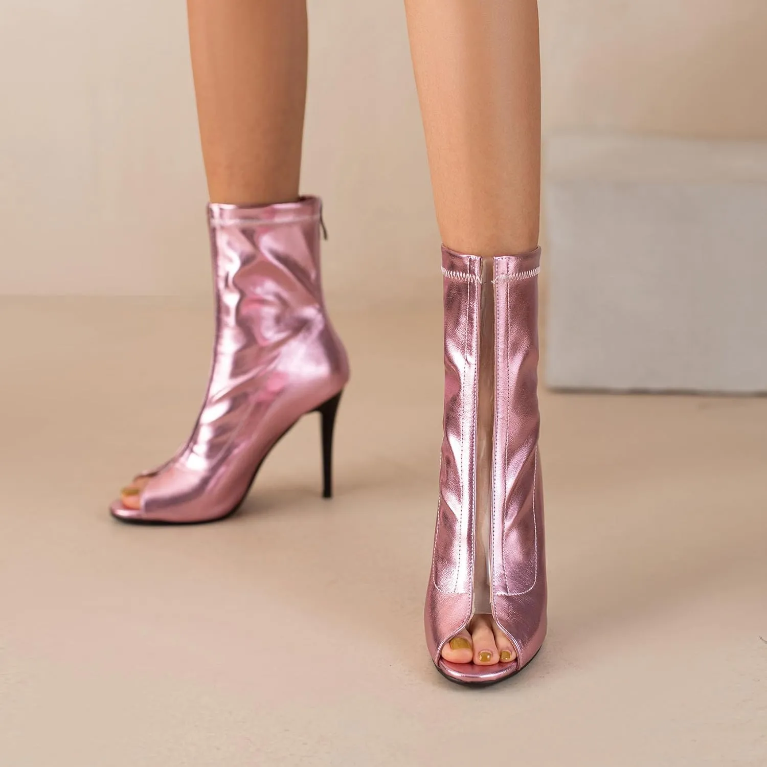 SEIFIN Women's Peep Toe Metallic Ankle Boots High Heels Sandals Open-Toe Stiletto Heeled Booties